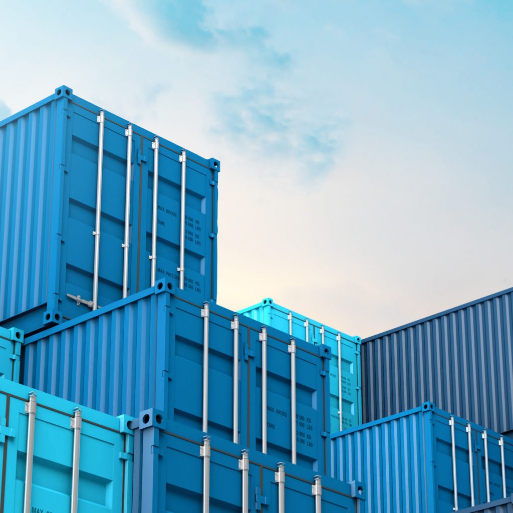 Stack of blue containers box, Cargo freight ship for import export logistics 3D rendering