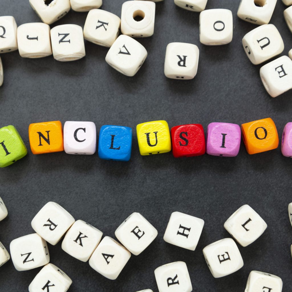 Inclusion text of multi colored cubes on dark background. Inclusive social concept. Lettering.