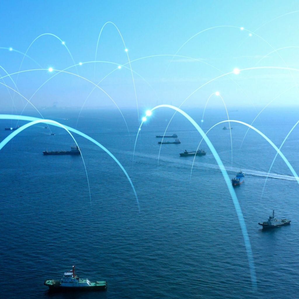 Ships and communication network concept. maritime traffic.