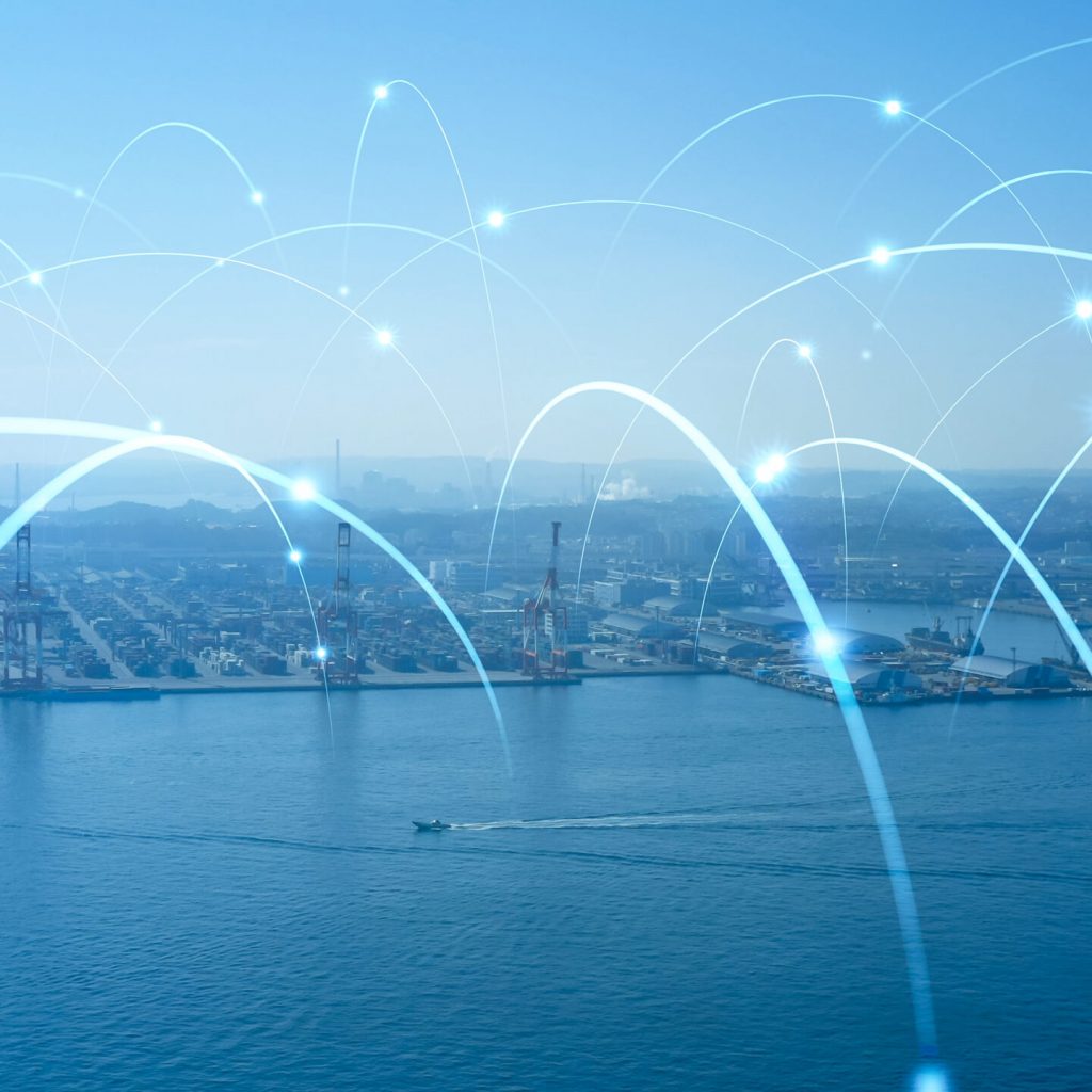 Modern port and ships aerial view and communication network concept. Ship radio. 5G. IoT.