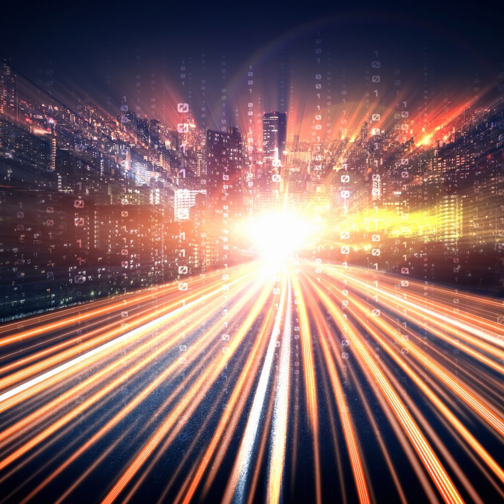 Digital data flow on road with motion blur to create vision of fast speed transfer . Concept of future digital transformation , disruptive innovation and agile business methodology .