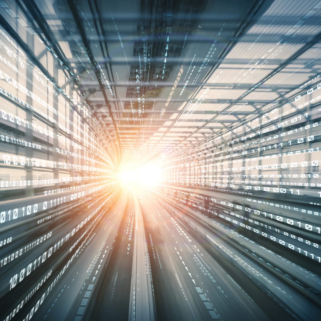 Digital data flow on road with motion blur to create vision of fast speed transfer . Concept of future digital transformation , disruptive innovation and agile business methodology .