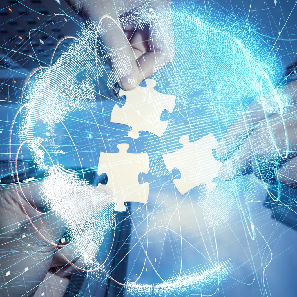 Pieces of jigsaw puzzle and global network concept.